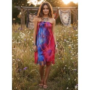 Ucho Bali Tie Dye Dress Womens OS Boho Embroidered Fringe Halter Excellent